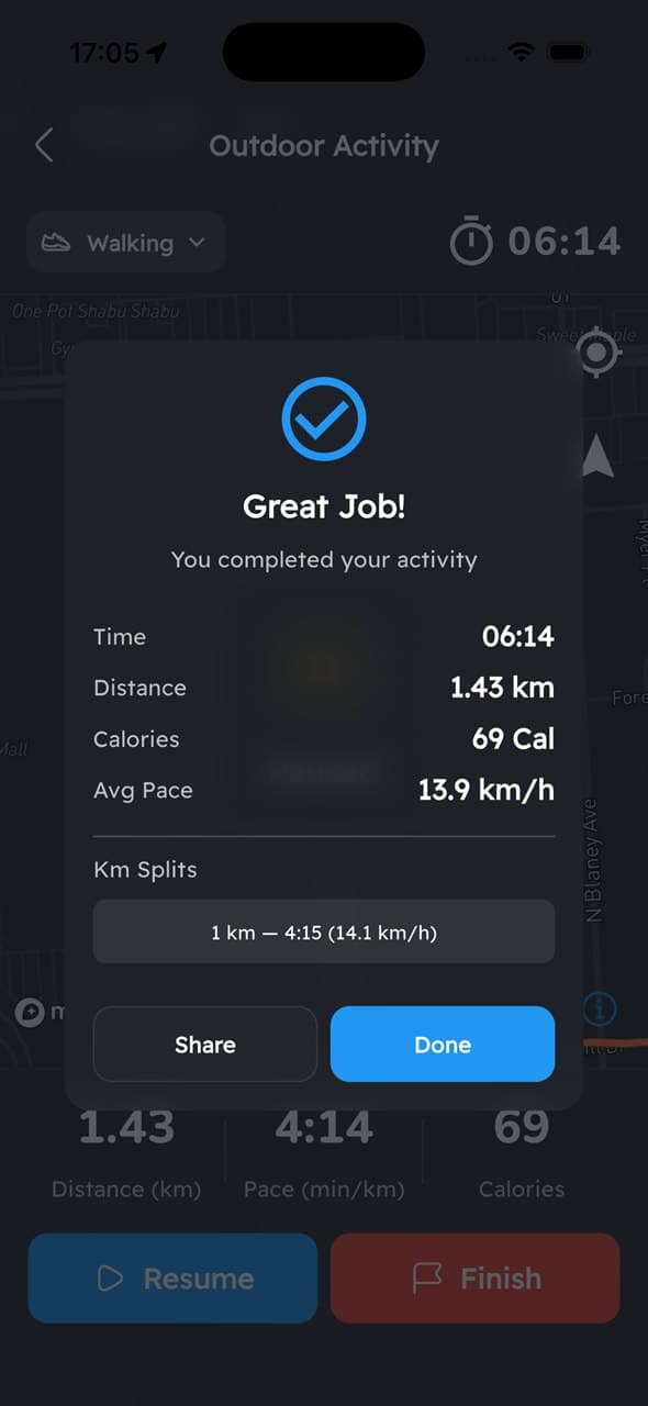 Bravel Activity summary screen